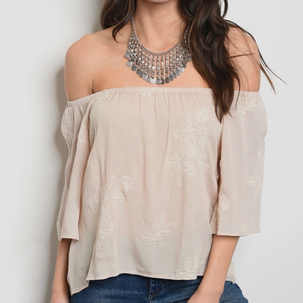 DELICATELY EMBROIDERED TAN OFF THE SHOULDER TOP- NEW